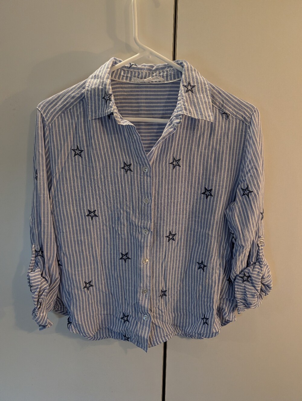 Jane & Delancey Woman's Small Striped Blue Star Embroidered Button-Down Shirt